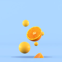 Aufkleber - Minimal conceptual idea of sliced oranges and small yellow sphere floating out from hole on blue background. 3D rendering.