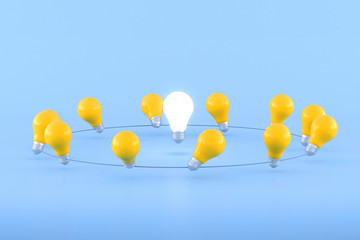Poster - Minimal conceptual idea of light bulb surround with yellow bulbs on blue background. 3D rendering.
