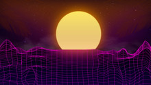 Beautiful mountain evening, synth wave and retro wave, vaporwave futuristic aesthetics. Ultraviolet, glowing neon style. Stylish poster, purpose flyer, bright colors and geometric lines. Resort, chill