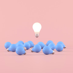 Poster - Minimal conceptual idea of light bulb floating around the blue bulbs on pink background. 3D rendering.