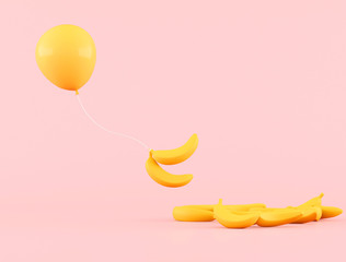 Wall Mural - Minimal conceptual idea of yellow  floating balloon with bananas on pink background. 3D rendering.