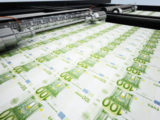 Money printing machine printing 100 euro banknotes. 3D illustration