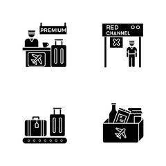 Wall Mural - Airport terminal black glyph icons set on white space. Premium service desk. Red channel for transit to plane. Luggage on trolley. Duty free shopping. Silhouette symbols. Vector isolated illustration