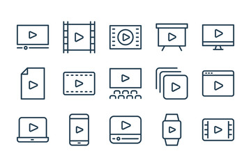 Poster - online cinema and network television line icons. film and online video vector linear icon set.