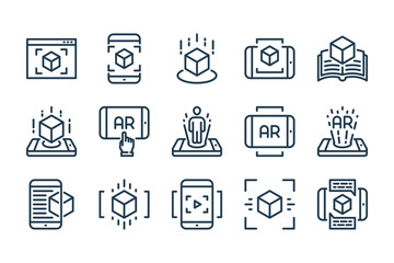 Poster - Augmented Reality related line icon set. Interactive simulation and Virtual Reality linear vector icons.