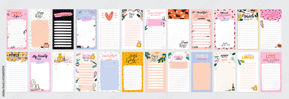 Collection of weekly or daily planner, note paper, to do list, stickers templates decorated by cute beauty cosmetic illustrations and trendy lettering. Trendy scheduler or organizer. Flat vector - obrazy, fototapety, plakaty 