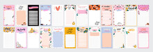 Collection Of Weekly Or Daily Planner, Note Paper, To Do List, Stickers Templates Decorated By Cute Beauty Cosmetic Illustrations And Trendy Lettering. Trendy Scheduler Or Organizer. Flat Vector