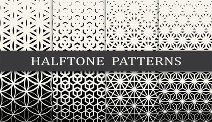 Wall Mural - black and white geometric seamless halftone pattern set