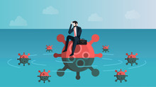 Castaway Businessman Feeling Anxiety While Sitting On Virus Island. Meanning Is Business People Feel Stress About Coronavirus 2019 Or Covid-19 Infection Crisis Effect. Vector Illustration EPS 10