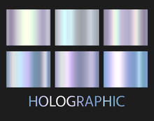 Holographic, Silver, Bronze And Golden Foil Texture Background Set. Vector Graphic Iridescent Neon Patterns. Gold Hologram Metalic Gradient Collection