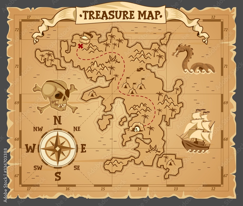 Pirate treasure map on ruined old parchment vector illustration ...