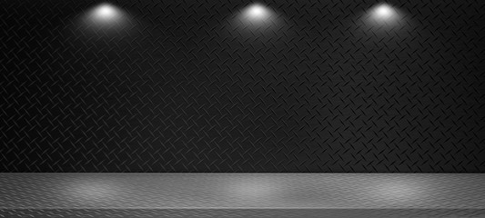 Dark and gray perspective aluminum diamond plate texture, Iron sheet shelf table used as a studio background wall to display your products.illustration