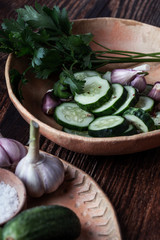 Wall Mural - Vegan plant based meal, salad with fresh organic homegrown cucumbers and garlic