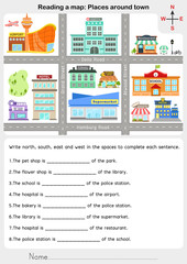 Wall Mural - Reading a map: Places around town - Giving direction - Worksheet for education.