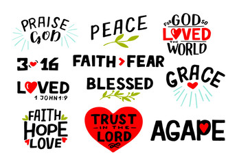 Wall Mural - Logo set with Bible verse Faith, Hope, Love, Trust in the Lord, Praise God, 3 16, Blessed, Agape, Grace, Faith fear. Christian symbol