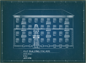 Wall Mural - Old Building Facade. Front View. Technical Vector Illustration. Blueprint Style