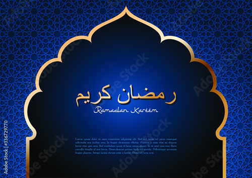 Luxury Ramadan Kareem vector greeting card template with golden arabic arch on royal blue background with girih traditional ornament. Arabic text translation Ramadan Kareem 