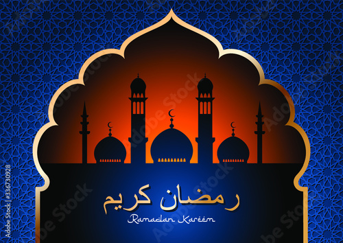 Luxury Ramadan Kareem vector template with silhouettes of mosques and minarets on sunset sky in golden arabic arch on royal blue background with girih traditional ornament. Arabic text translation Ramadan Kareem 