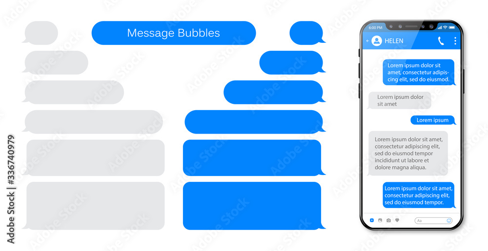 Smart Phone chatting sms template bubbles. Place your own text to the message clouds. Compose dialogues using samples bubbles. - obrazy, fototapety, plakaty 