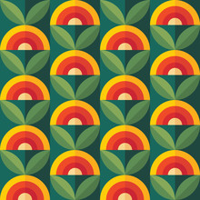 Fruits And Leaves Nature Background. Mid-century Modern Art Vector. Abstract Geometric Seamless Pattern. Decorative Ornament In Retro Vintage Design Flat Style. Floral Backdrop.