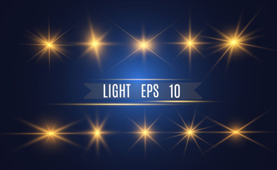 Poster - Set of gold bright beautiful stars. Light effect Bright Star. Beautiful light for illustration. Christmas star. White sparks sparkle with a special light. Vector sparkles on transparent background