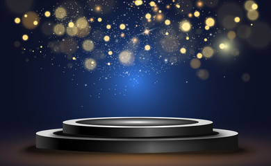 Poster - Round podium, pedestal or platform, illuminated by spotlights in the background. Vector illustration. Bright light. Light from above. Advertising place
