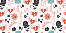 Flying Hearts And Keys Seamless Pattern, Hand Drawn Hearts, Keys, Flowers, Leafs, Polka Dots Love Background