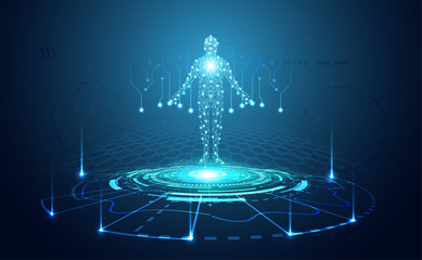 Poster - abstract technology futuristic concept of digital human body digital ai future design on hi tech bac