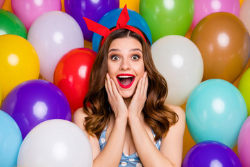 Canvas Print - Close up photo of excited crazy girl celebrate occasion festive event astonished scream wow omg touch hands cheeks wear blue polka-dot singlet over air balls baloons background