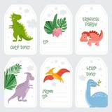 Fototapeta Dinusie - Cute dinosaurs tags set. Dino isolated on white background. Kids illustration. Funny cartoon Dino collection and tropical elements.