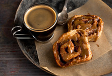 Overhead View Of††butterscotch Glazed Cinnamon Rolls And Coffee
