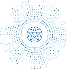 Blue line Pentagram in a circle icon isolated on white background. Magic occult star symbol. Abstract circle random dots. Vector Illustration