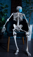 Wall Mural - The human skeleton in a medical mask sits on a chair at home. The concept of a coronavirus pandemic.