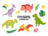 Fototapeta Dinusie - Set of cute dinosaurs isolated on white background. Kids illustration. Funny cartoon Dino collection. Tropical leaves, dino eggs, rainbow.