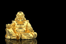 3d Rendering. Chinese Golden Happy Smiling Monk Buddha Statue With Clipping Path Isolated On Black Background.