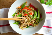 Overhead View Of Cold Sesame Noodles With Crunchy Vegetables