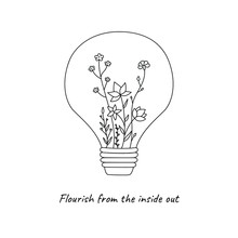Simple Flower Sketch Drawing, Elegant Tattoo Design. Hand Drawn Flowers In Light Bulb, Floral Botanical Elements. Vector Illustration