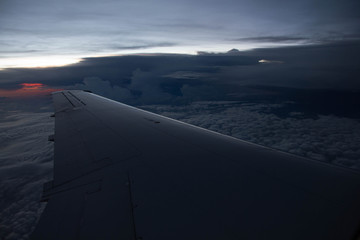 cloudy sunset sky over plane wing