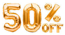 Golden Fifty Percent Sale Sign Made Of Inflatable Balloons Isolated On White. Helium Balloons, Gold Foil Numbers. Sale Decoration, Black Friday, Discount Concept. 50 Percent Off, Advertisement.