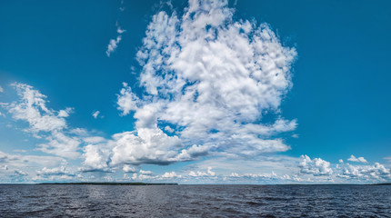 Wall Mural - panorama of calm lake, kama river blue sky with clouds reflected in the water.