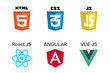 vector collection of web development shield signs: html5, css3, javascript, react js, angular and vue js.	