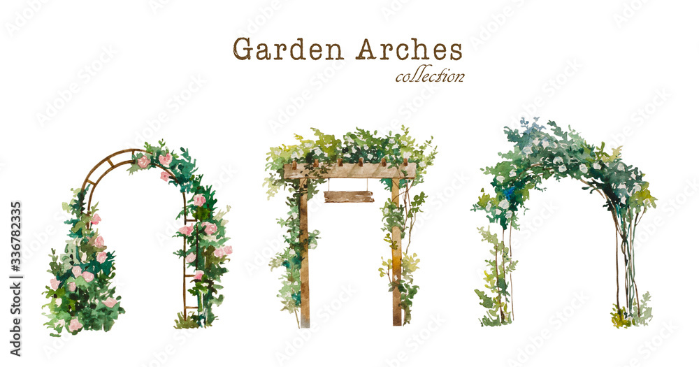 Arched Roses Drawing Set of watercolor garden arches with blooming white and pink roses ...