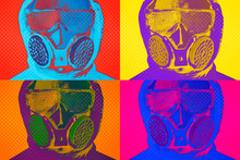 Male Doctor, Disinfector In A Protective Respirator With Filtering Valves In Pop Art Style, Concept Of Protection Against Dust, Biological, Chemical Weapons, Coronavirus, COVID-19