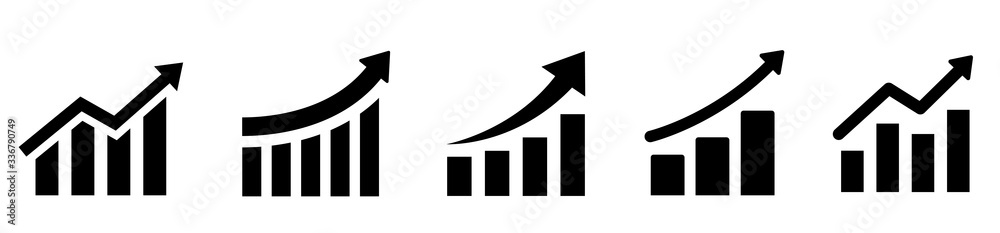 Growing graph set. Business chart with arrow. Growths chart collection. Profit growing sumbol. Progress bar. Bar diagram. Growth success arrow icon. Progress symbol. Chart increase - stock vector. - obrazy, fototapety, plakaty 