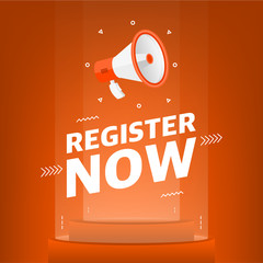 Poster - Megaphone with register now text in the air. Banner for business, marketing and advertising on orange background. Vector