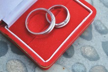 High Angle View Of Wedding Rings In Box On Table