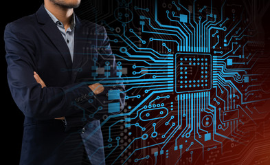 Aufkleber - Computing technologies. Collage with businessman and glowing electronic circuit board on virtual screen. Copy space
