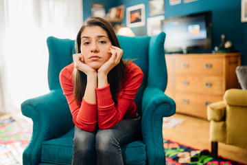 Stressed sad woman in bad mood overthinking problems.Bored staying at home mom.Quarantine mental health effect.Social distancing loneliness.Emotional challenge restricted movements and self-isolation