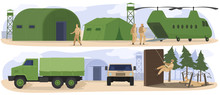 People In Military Base Camp, Soldiers Training In Army, Boot Camp Exercises, Vector Illustration. Military Transport, Truck And Helicopter, Infantry Soldiers In Camouflage Uniform. Tactical Air Base