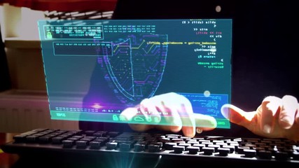 Wall Mural - Man typing computer keyboard with futuristic hologram screen. Abstract concept of cyber security, computer protection, programming and internet safety. Camera moves around hud display and hands.